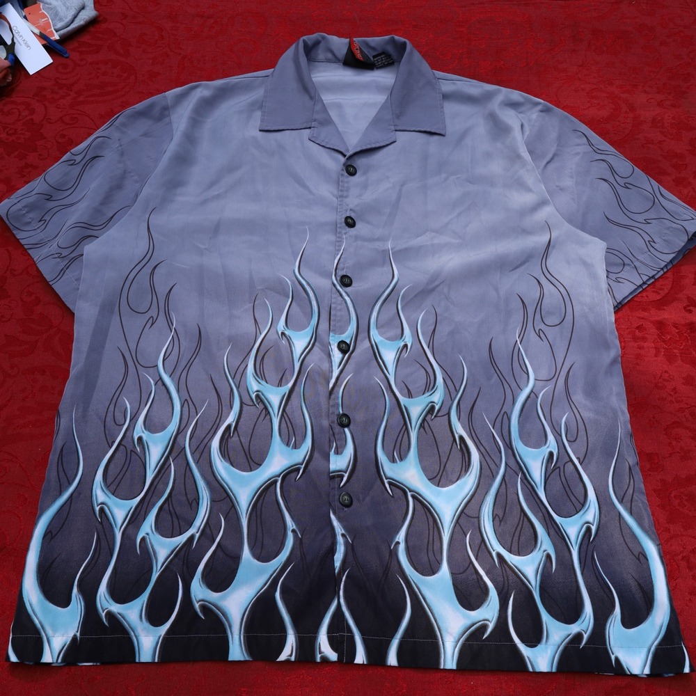 C-TWO Flame Graphic Shirt Mens L Grey Blue Fair Y2K Streetwear Button Down